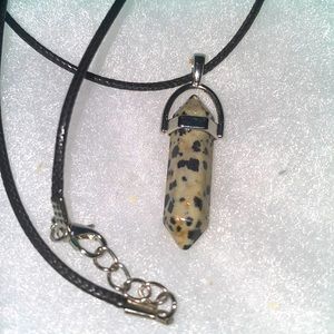 Boho Dalmatian Jasper Crystal Black Cord Necklace 16-18”